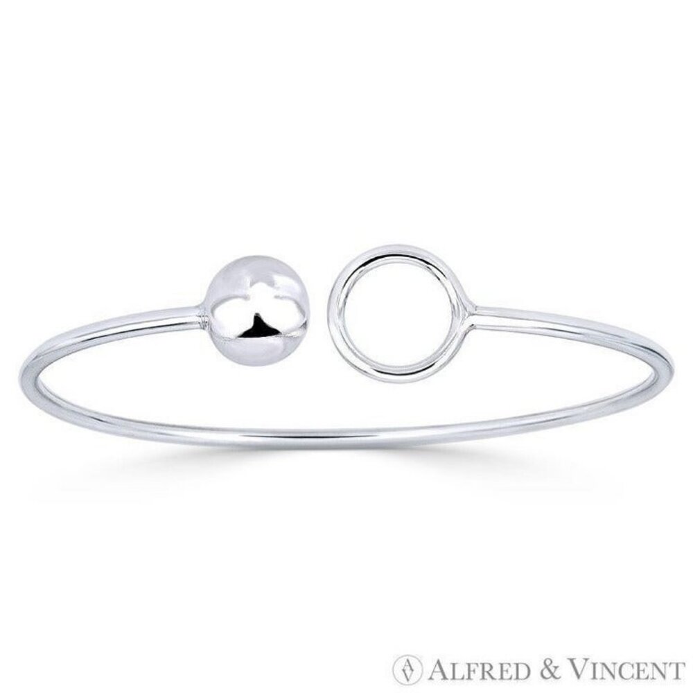 10mm Ball Bead & 13mm Circle Ring Open-Cuff Bangle .925 Sterling Silver Bracelet